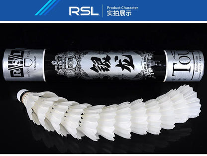 RSL badminton racket and shuttlecock on a black background
