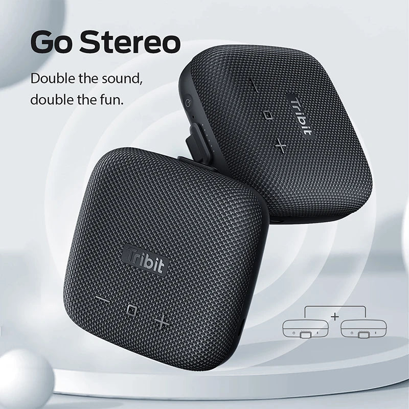 Black Tribit stereo speakers with 'Go Stereo' text on a light gray background