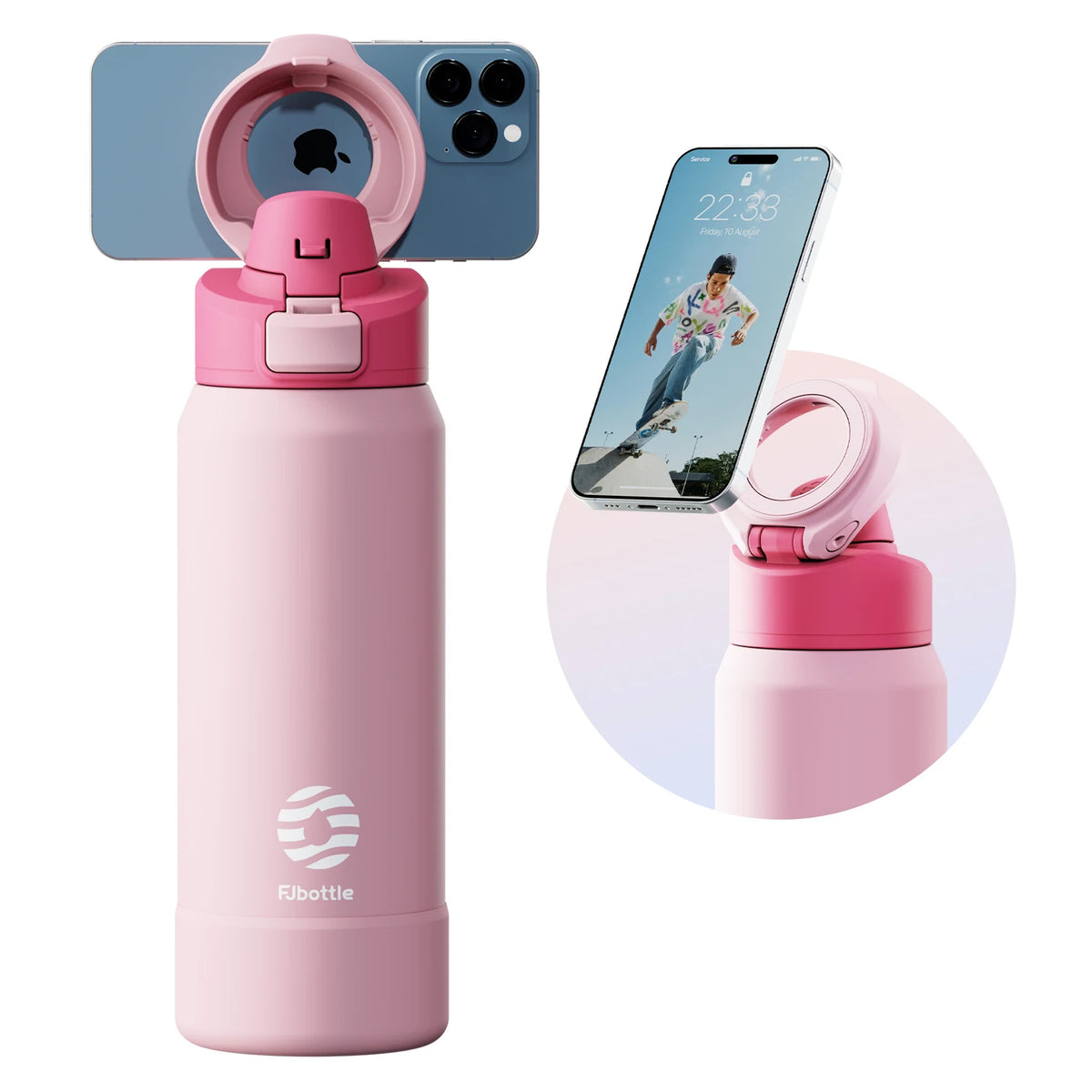 Pink water bottle with phone holder attachment on a white background