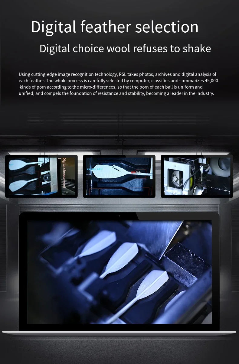 Display of feathers with text about digital feather selection and RSQ technology.