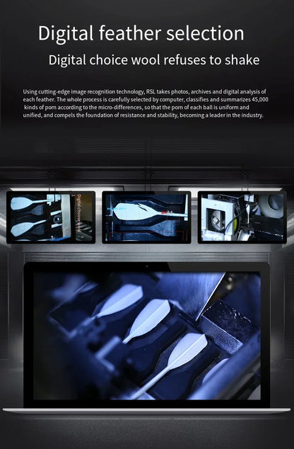 Display of feathers with text about digital feather selection and RSQ technology.
