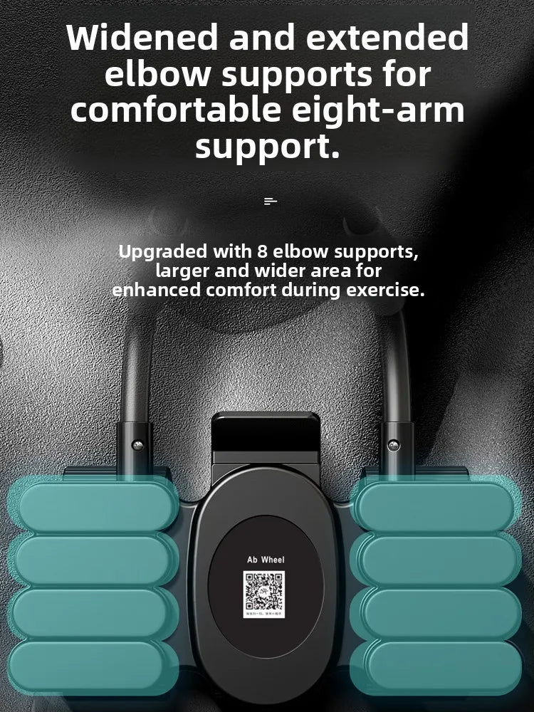 Eight-arm exercise device with widened and extended elbow supports on a dark background.