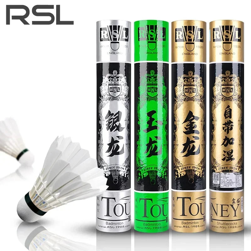 Four RSL badminton shuttlecock packages with different colors and designs on a white background.