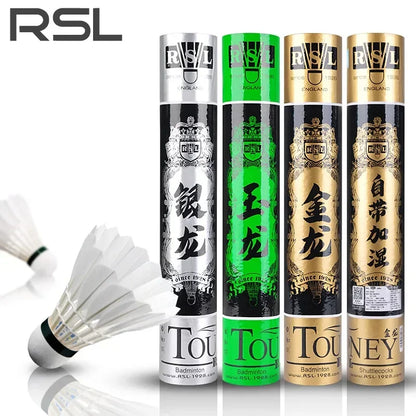 Four RSL badminton shuttlecock packages with different colors and designs on a white background.