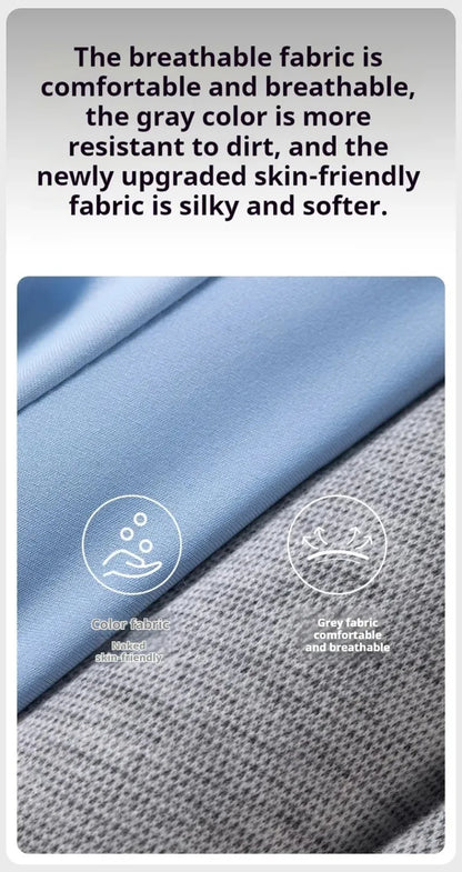 Text describing fabric properties with a close-up of blue and gray fabric.