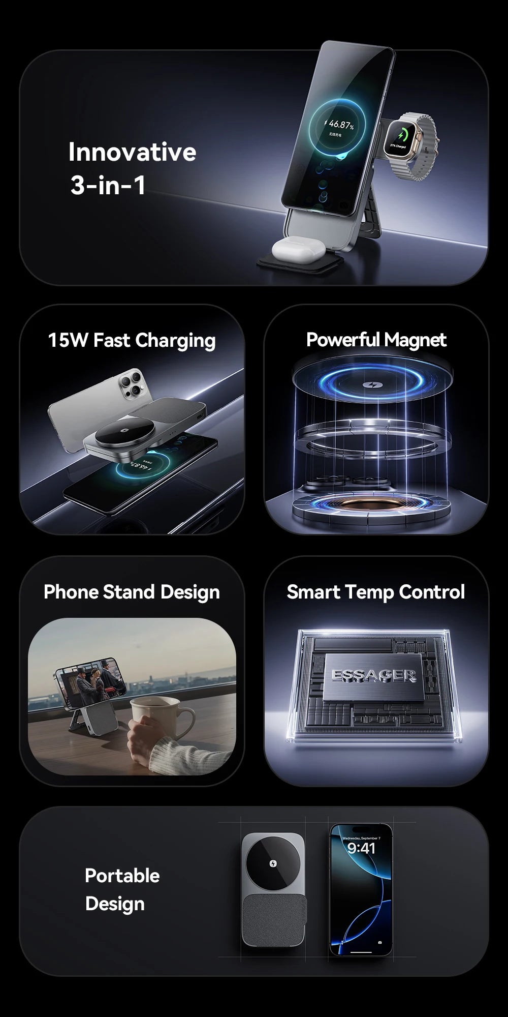 Essager 3-in-1 Wireless Charger Stand 15W – MagSafe Compatible for iPhone, Apple Watch & AirPods