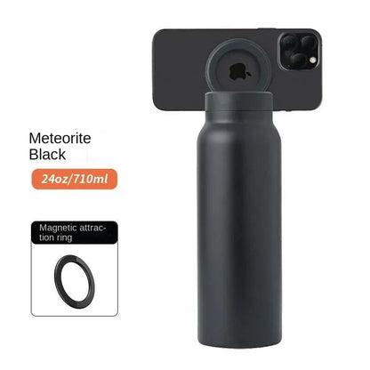 Black water bottle with magnetic attraction ring on a white background