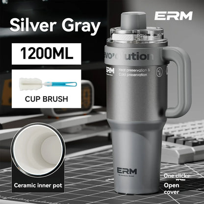 Ceramic Lined Insulated Tumbler with Straw & Handle – 1200ml Stainless Steel Vacuum Flask
