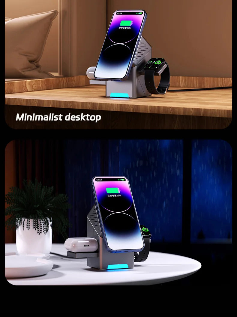 Wireless charging station with smartphone, smartwatch, and earbuds on a wooden desk.