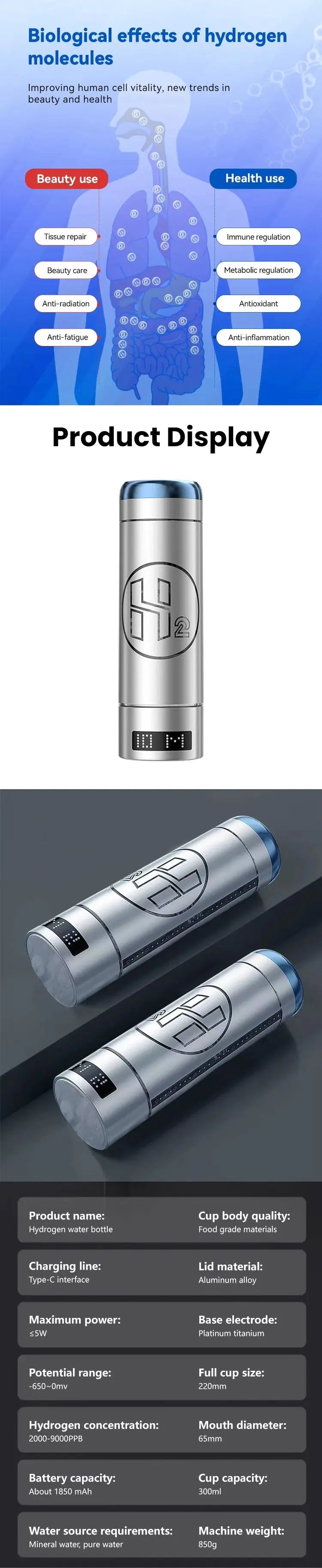 Product display of a hydrogen water bottle with features listed below.