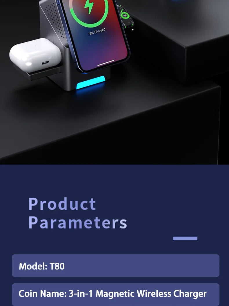 3-in-1 magnetic wireless charger with phone, watch, and earbuds on a dark surface