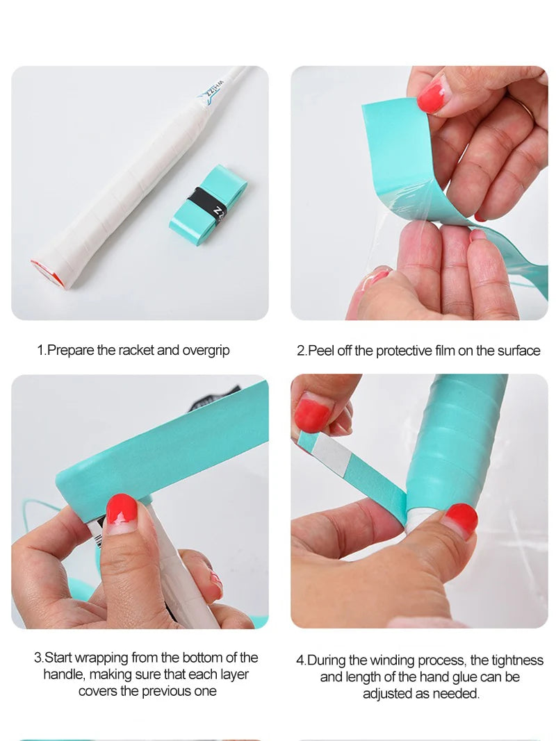 Step-by-step guide on applying a tennis racket overgrip with close-up shots of hands performing actions.