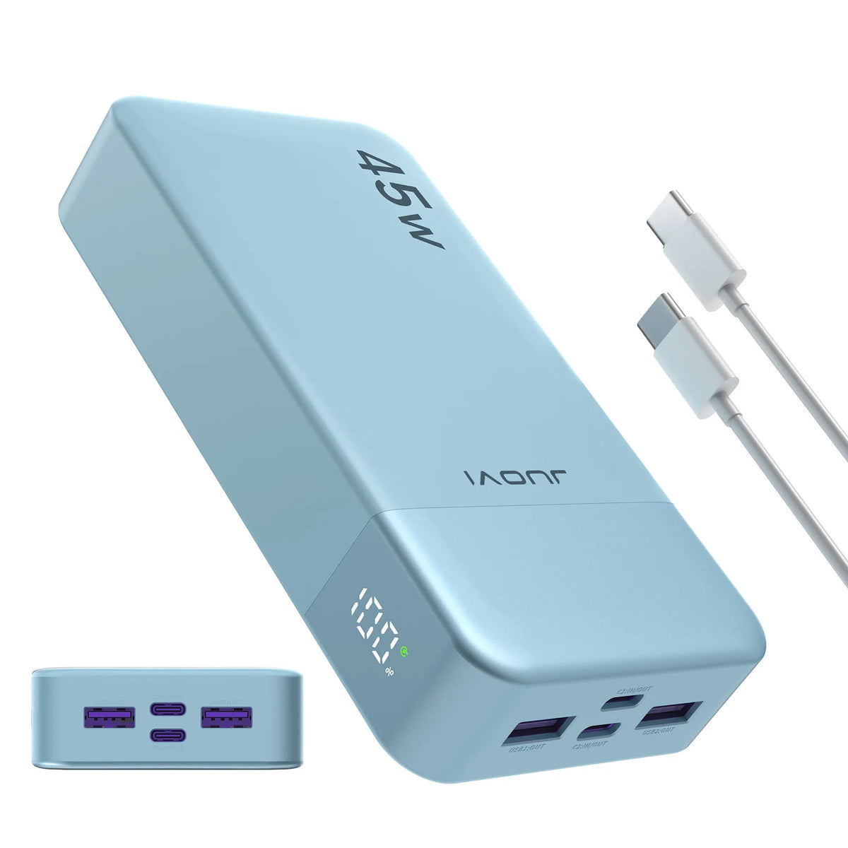 Light blue power bank with multiple ports and cables on a white background