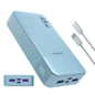 Light blue power bank with multiple ports and cables on a white background