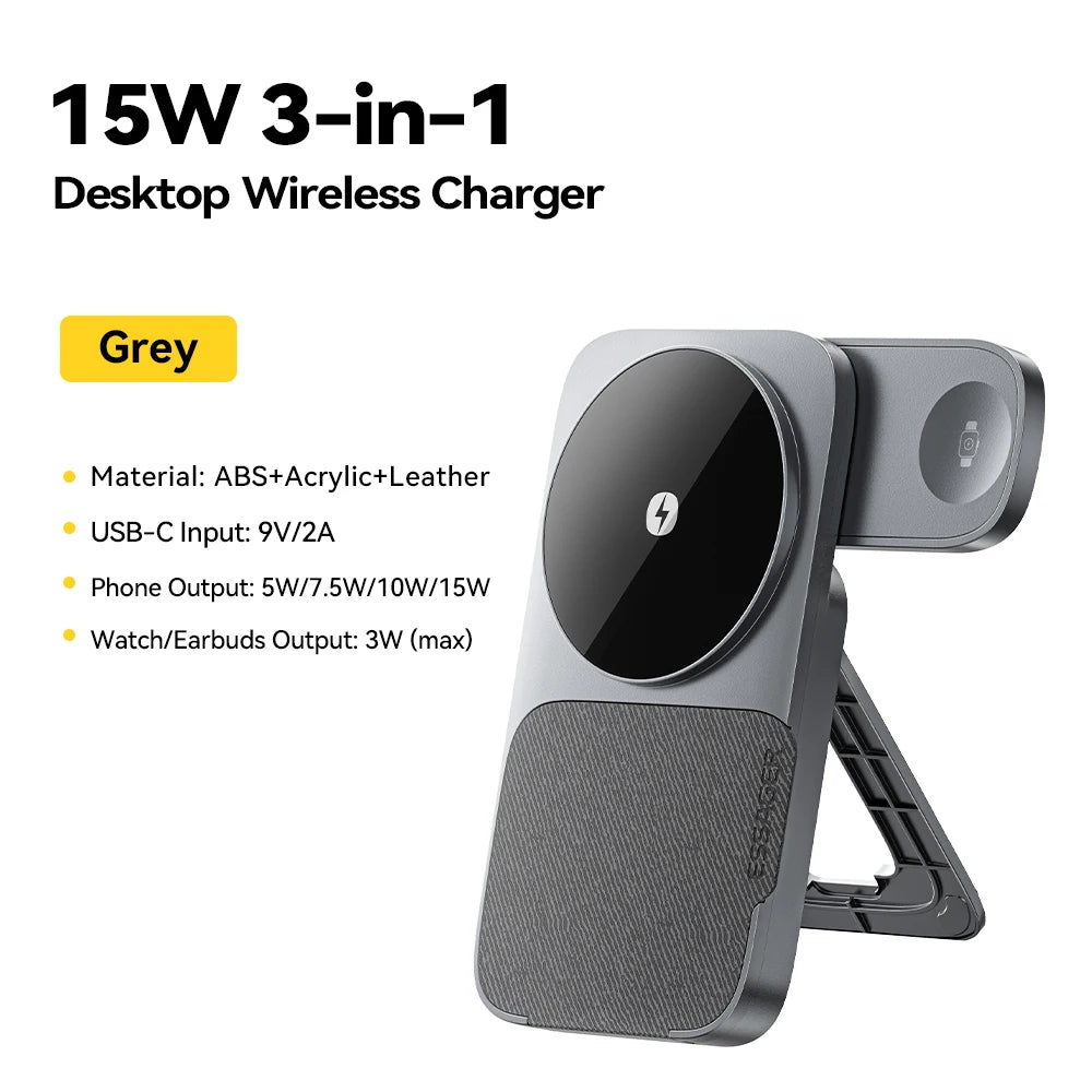 Essager 3-in-1 Wireless Charger Stand 15W – MagSafe Compatible for iPhone, Apple Watch & AirPods