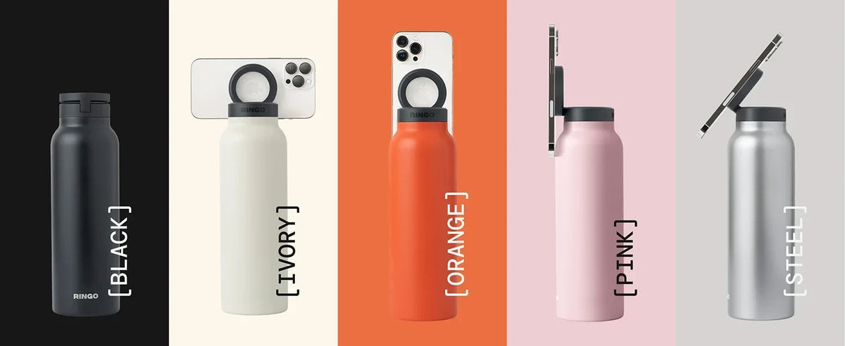 Collection of water bottles in different colors with labels on a white background