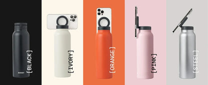 Collection of water bottles in different colors with labels on a white background