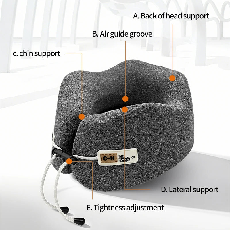 Gray travel neck pillow with labeled features on a white background