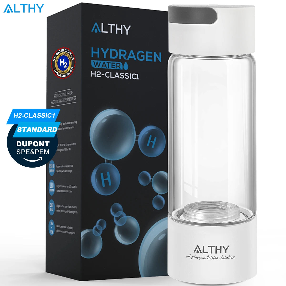 Althy hydrogen water bottle with packaging on a white background