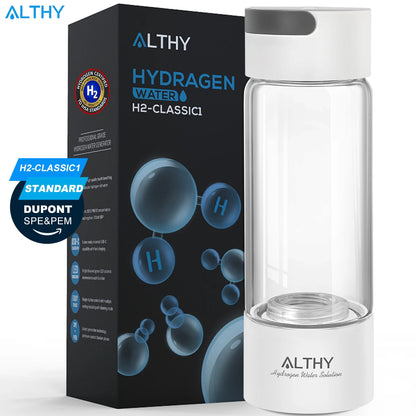 Althy hydrogen water bottle with packaging on a white background