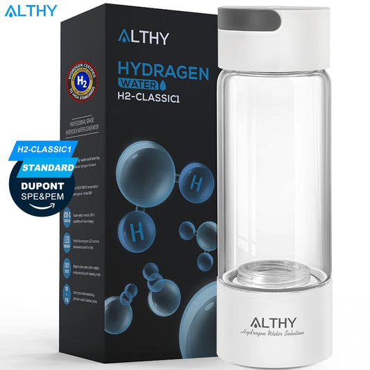 Althy hydrogen water bottle with packaging on a white background