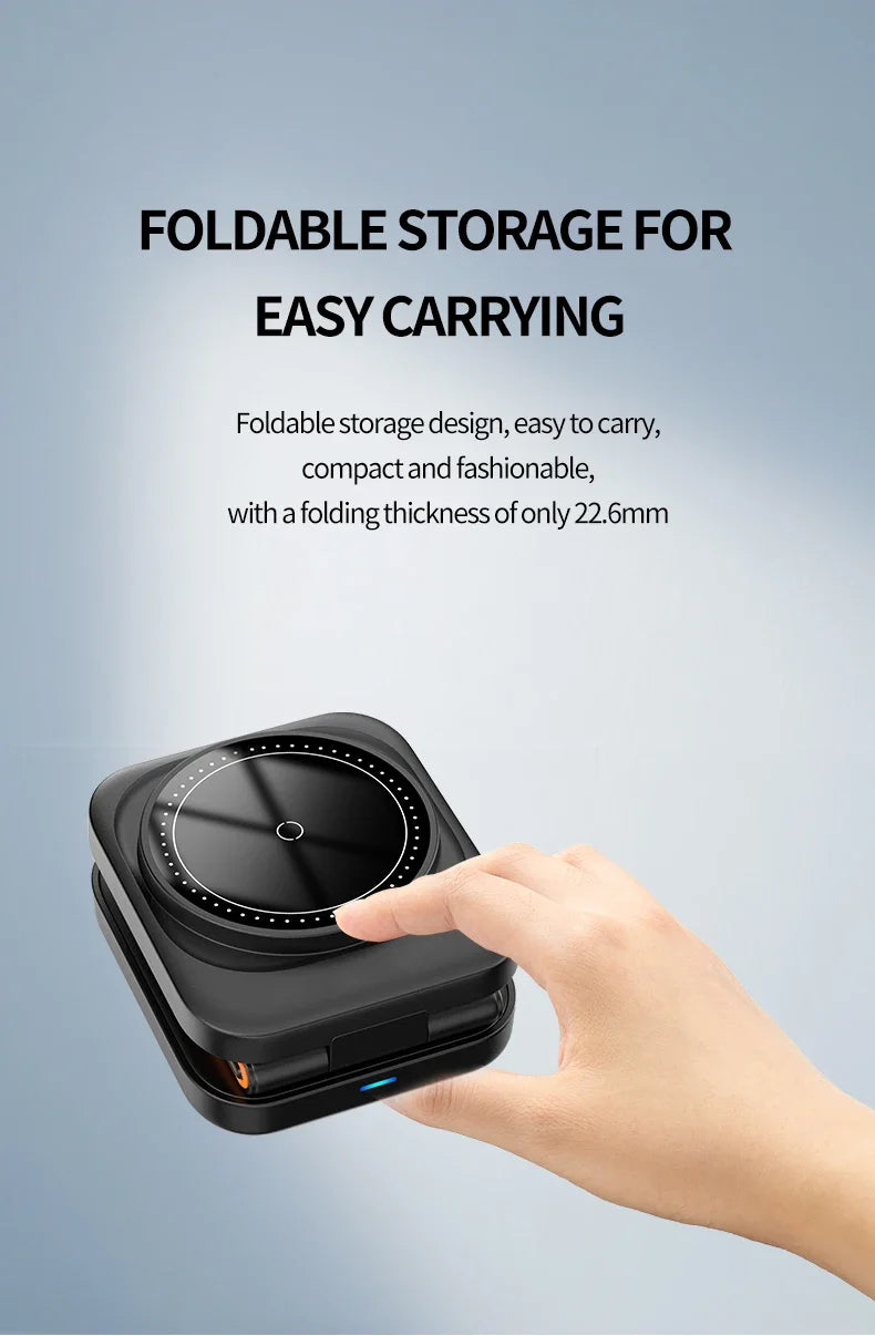 Foldable storage device held by a hand with text on a gray background