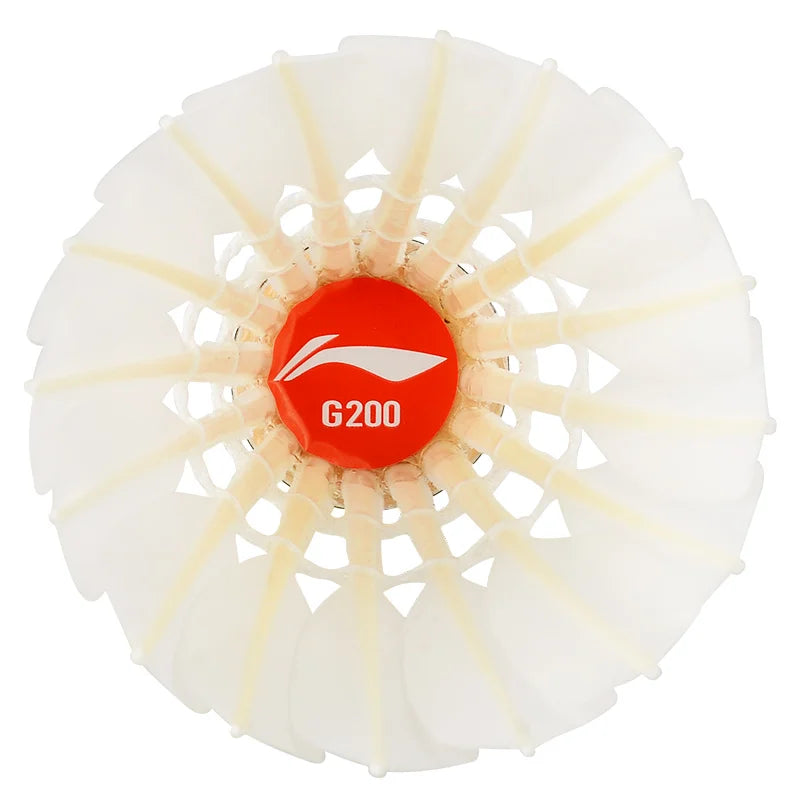 White shuttlecock with red center and 'G200' branding on a white background
