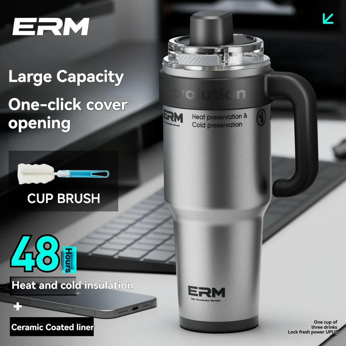 Ceramic Lined Insulated Tumbler with Straw & Handle – 1200ml Stainless Steel Vacuum Flask