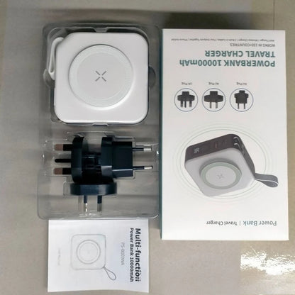 Power bank and travel charger set with packaging on a gray surface