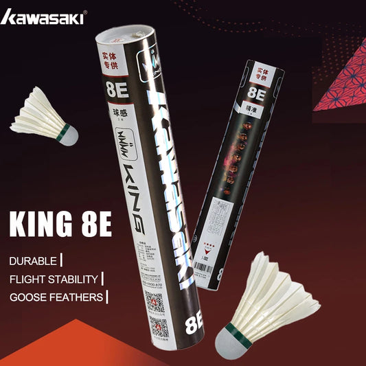 Two tubes of Kawasaki King 8E badminton shuttlecocks on a dark background