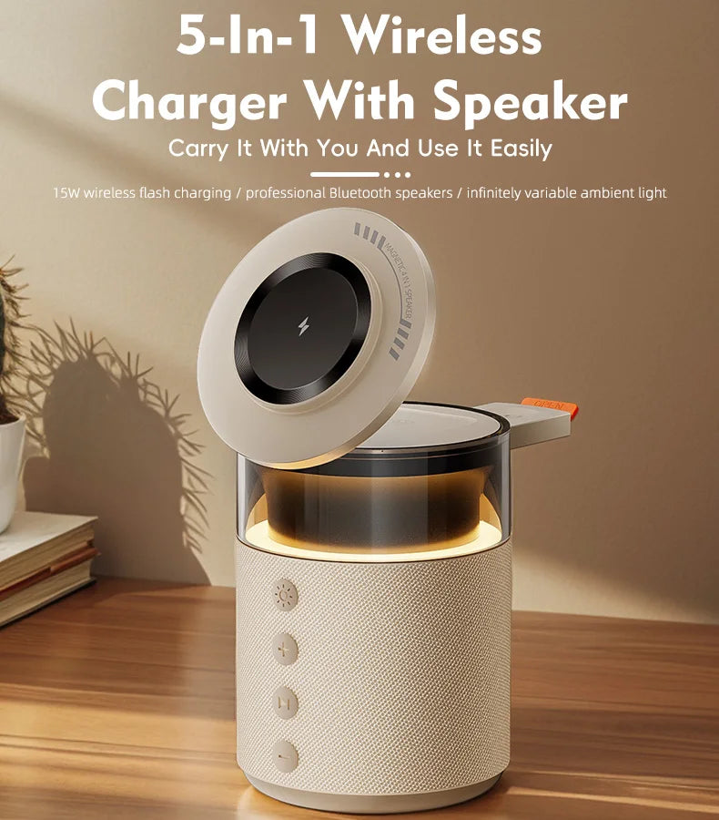 5-in-1 wireless charger with speaker on a wooden surface