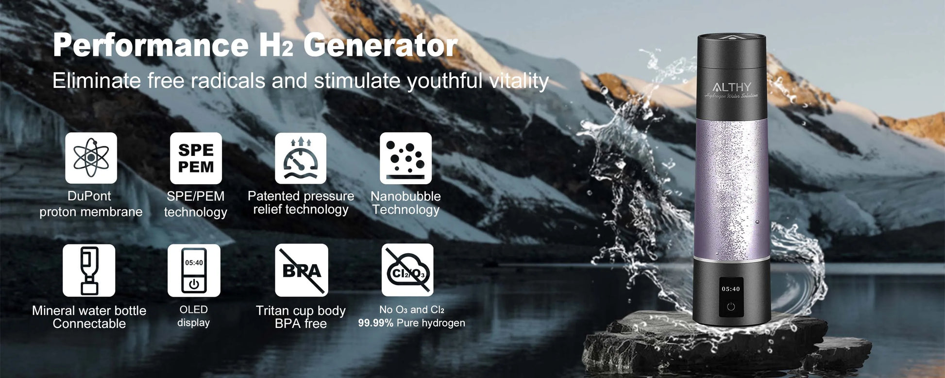 Hydrogen generator with mountainous background and features listed on the left.