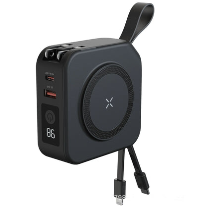 Black charger with LED display and lightning and usb-c cables