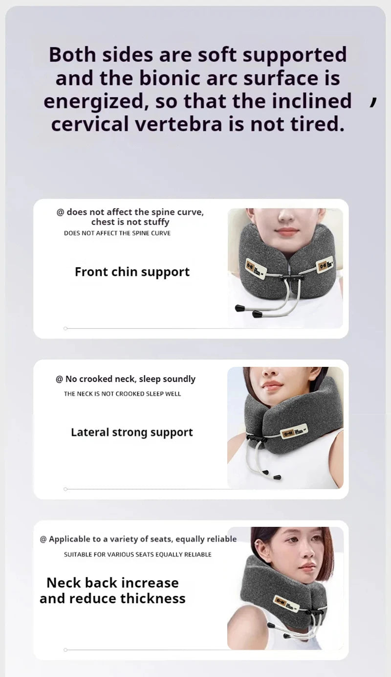 Neck support device with text describing its benefits on a gray background