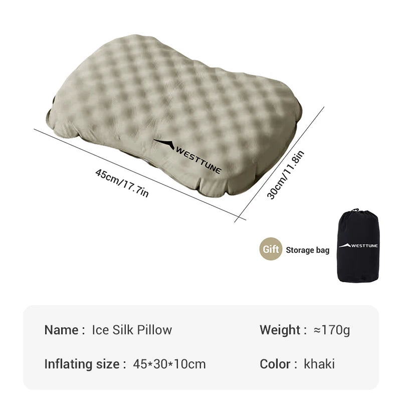 Inflatable pillow with Westtune branding and dimensions on a white background