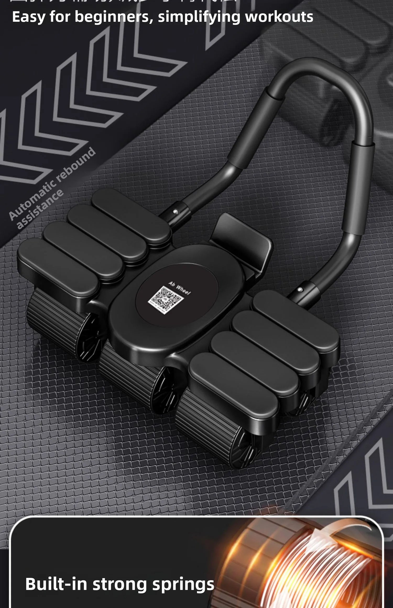 Black handheld fitness device with springs on a dark textured background