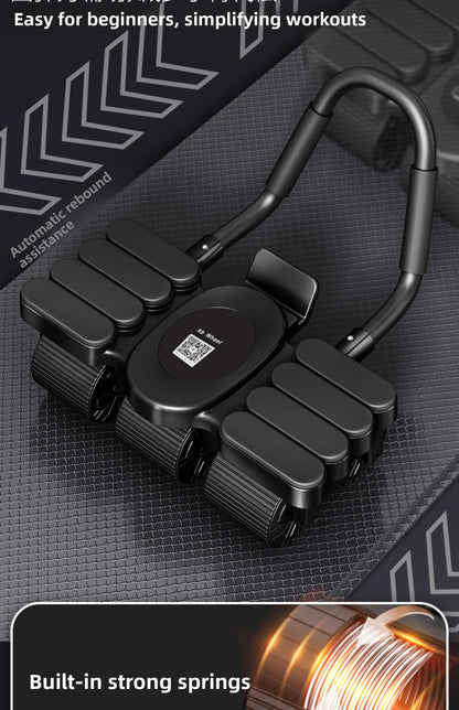 Black handheld fitness device with springs on a dark textured background
