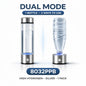 Clear water bottle with silver base and top, showing dual mode on a white background.