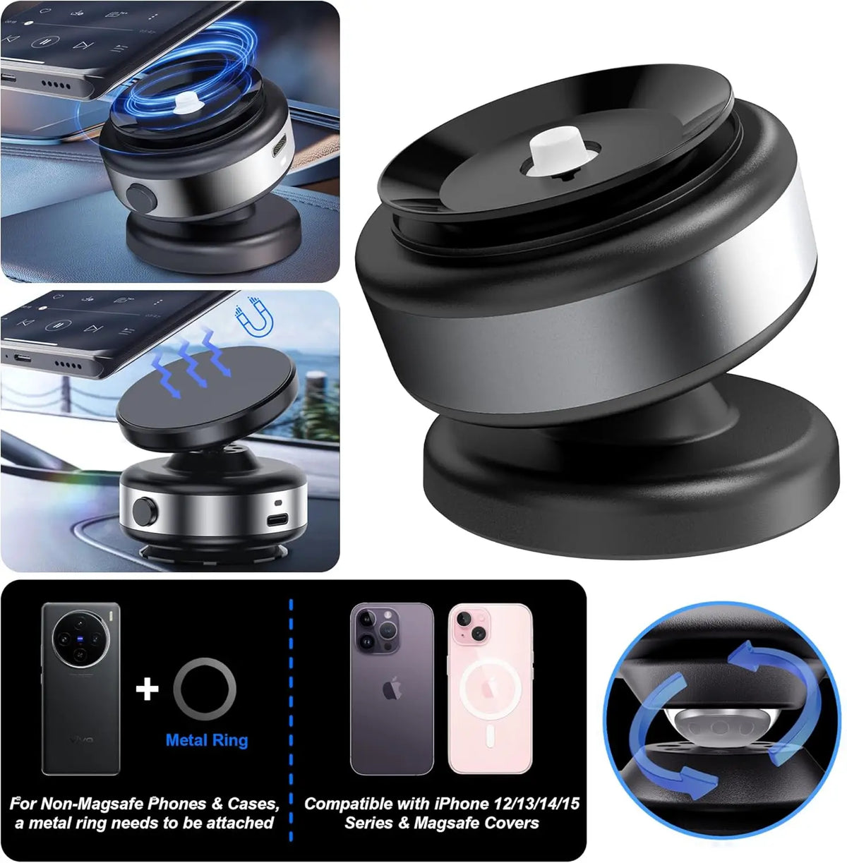 Phone mount with metal ring compatibility details on a white background
