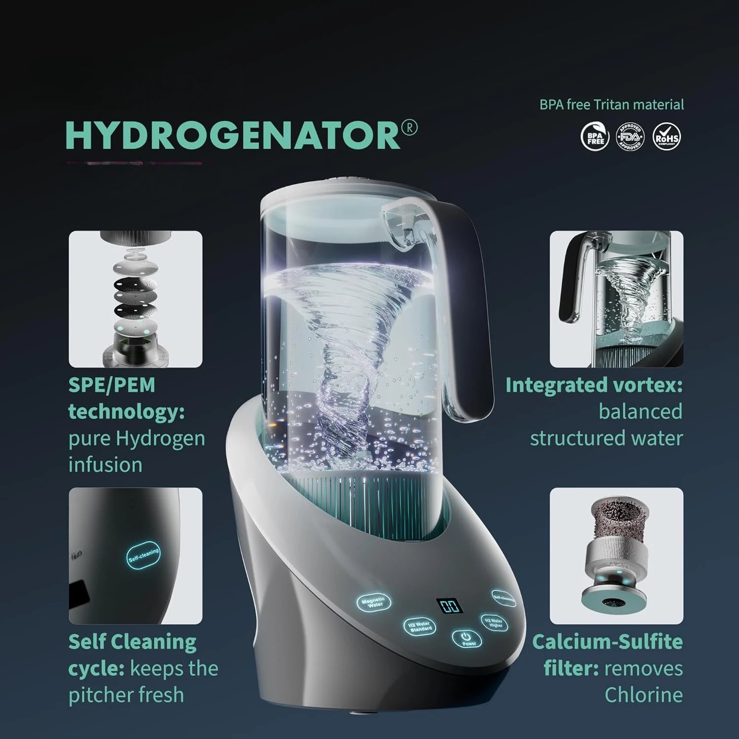 Hydrogenator device with features highlighted on a dark background
