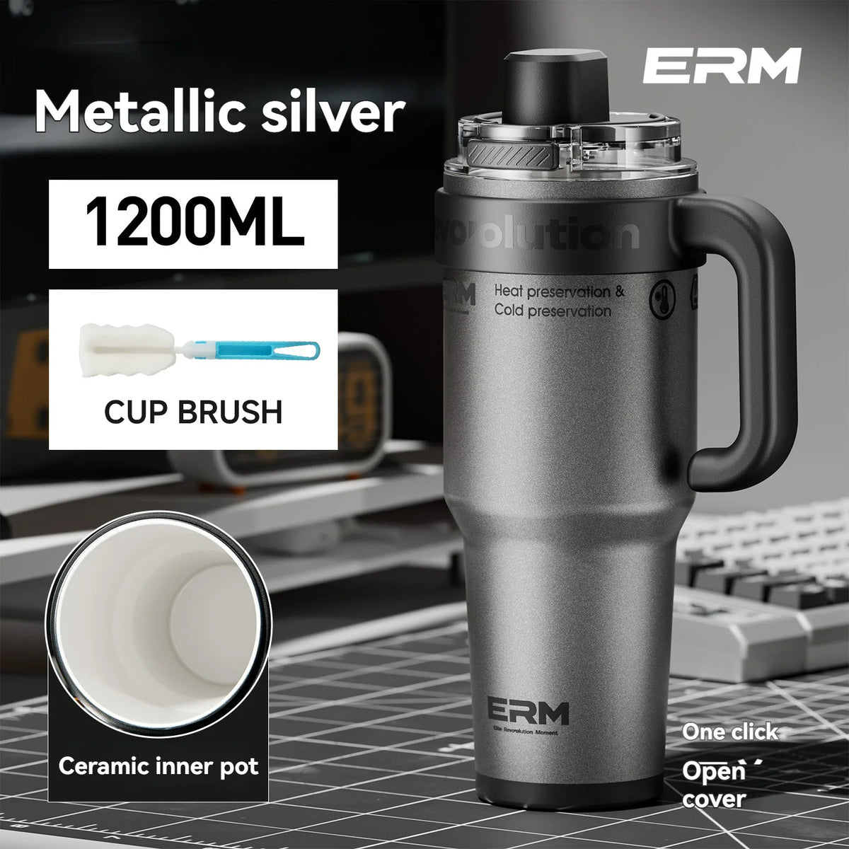 Ceramic Lined Insulated Tumbler with Straw & Handle – 1200ml Stainless Steel Vacuum Flask