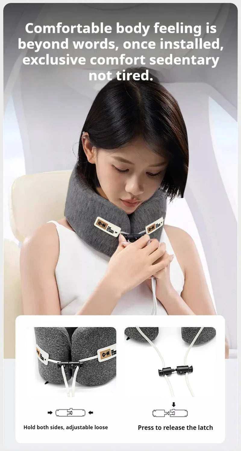 Woman using a neck pillow with text highlighting comfort and ease of use.