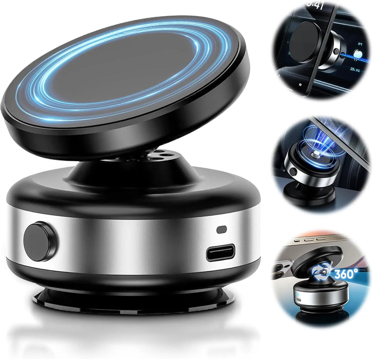 Black and silver phone holder with USB port and blue light, shown from multiple angles.