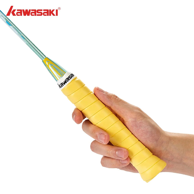 Hand holding a yellow badminton racket with Kawasaki branding on a white background