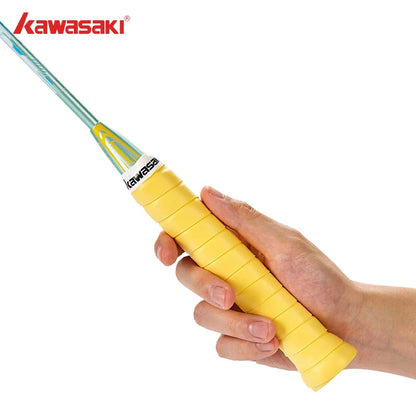 Hand holding a yellow badminton racket with Kawasaki branding on a white background