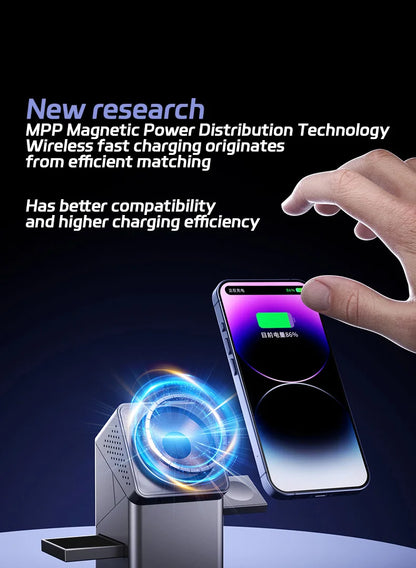 Wireless charging device with text about MPP Magnetic Power Distribution Technology on a dark background