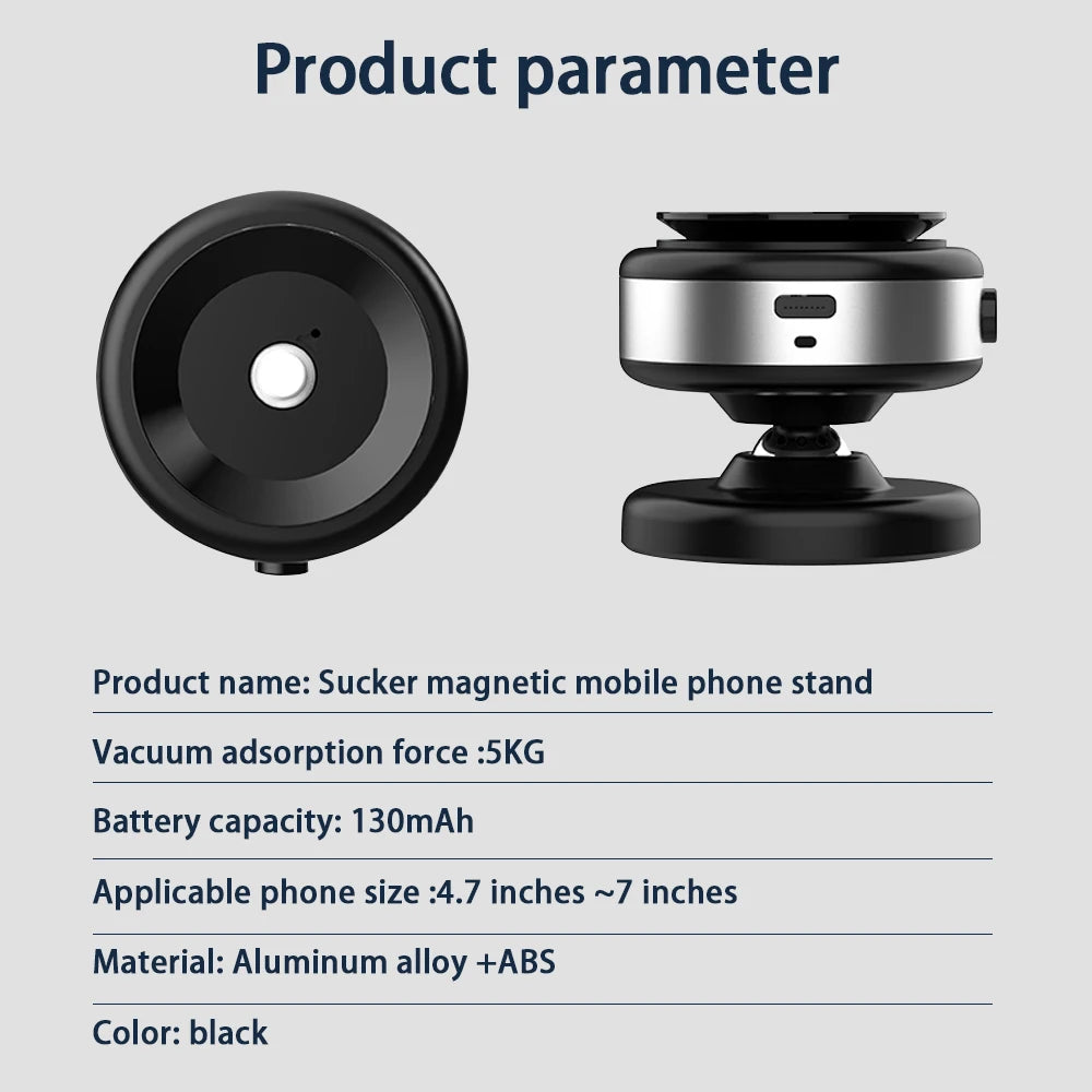 Sucker magnetic mobile phone stand with product parameters on a gray background
