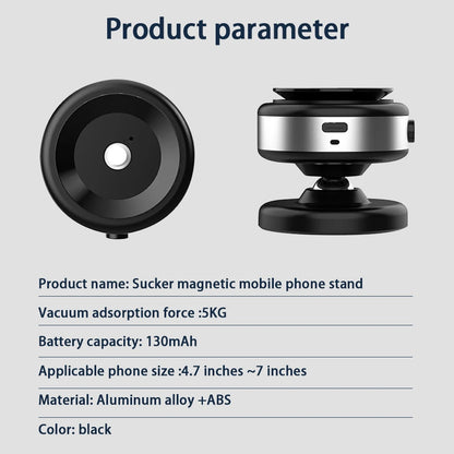 Sucker magnetic mobile phone stand with product parameters on a gray background