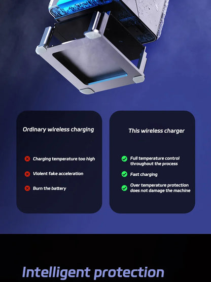 Wireless charger with text comparing ordinary charging to a new one with intelligent protection features on a blue background.