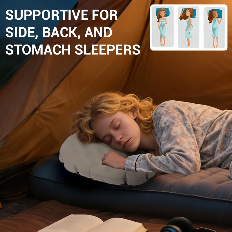 Person sleeping on a camping pillow with a tent in the background, text indicating support for various sleep positions.